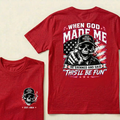 Custom EST.Year When God Made Me He Grinned And Said This'll Be Fun Old Bastards Club Skull American Flag Graphic T-Shirt