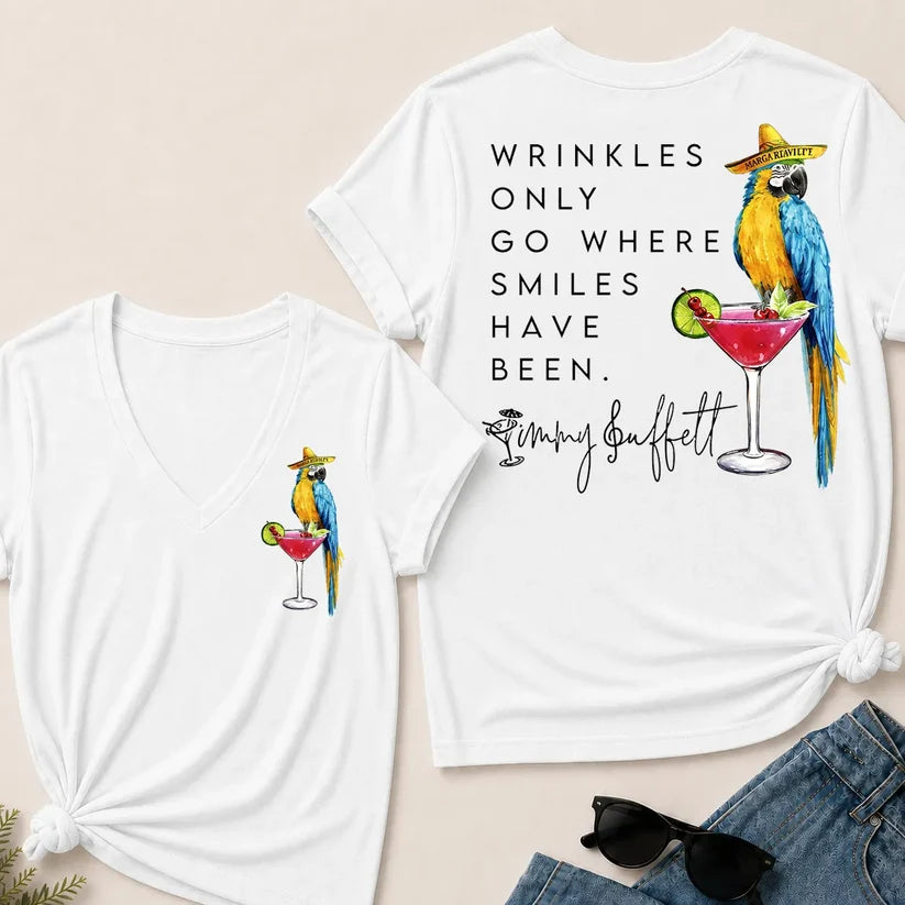 "Wrinkles Only Go Where Smiles Have Been" – Jimmy Buffett Tribute V-Neck Tee
