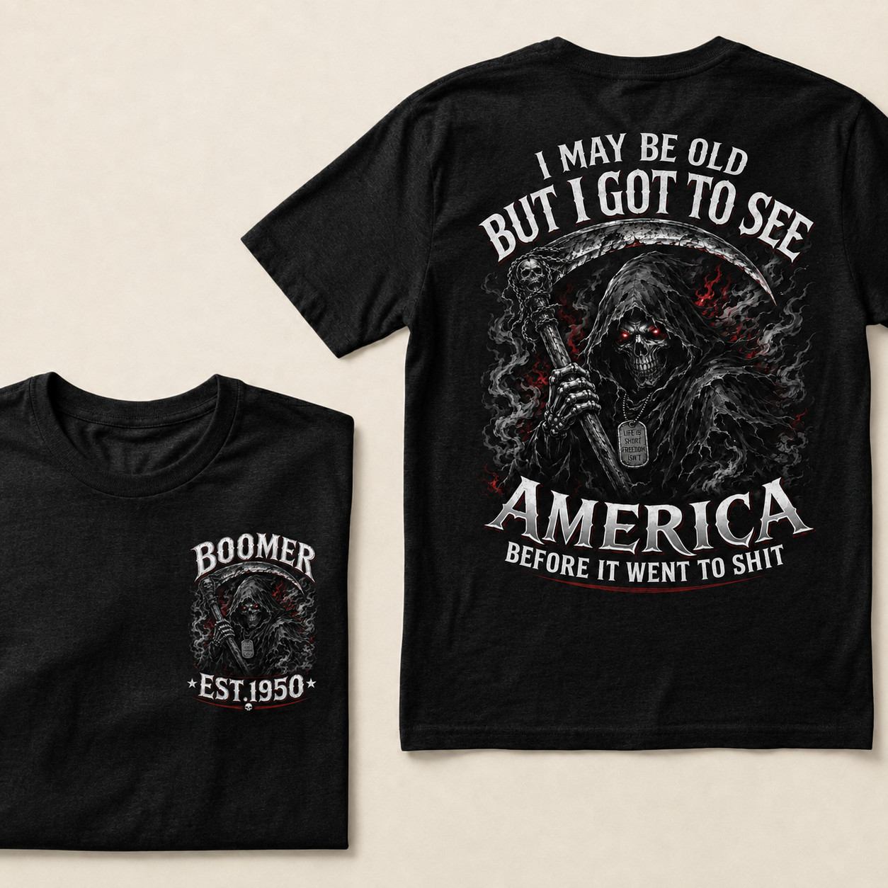 Men’s Boomer Grim Reaper Crew Neck T‑Shirt, I May Be Old I Got To See America Graphic Short Sleeve Tee, Front & Back Print Casual Top