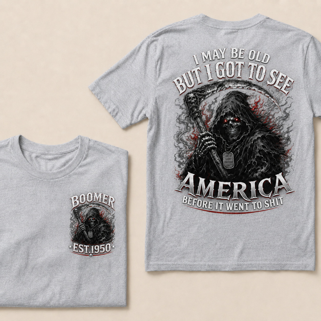 Men’s Boomer Grim Reaper Crew Neck T‑Shirt, I May Be Old I Got To See America Graphic Short Sleeve Tee, Front & Back Print Casual Top