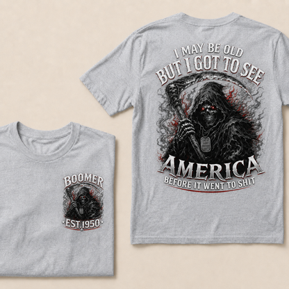 Men’s Boomer Grim Reaper Crew Neck T‑Shirt, I May Be Old I Got To See America Graphic Short Sleeve Tee, Front & Back Print Casual Top