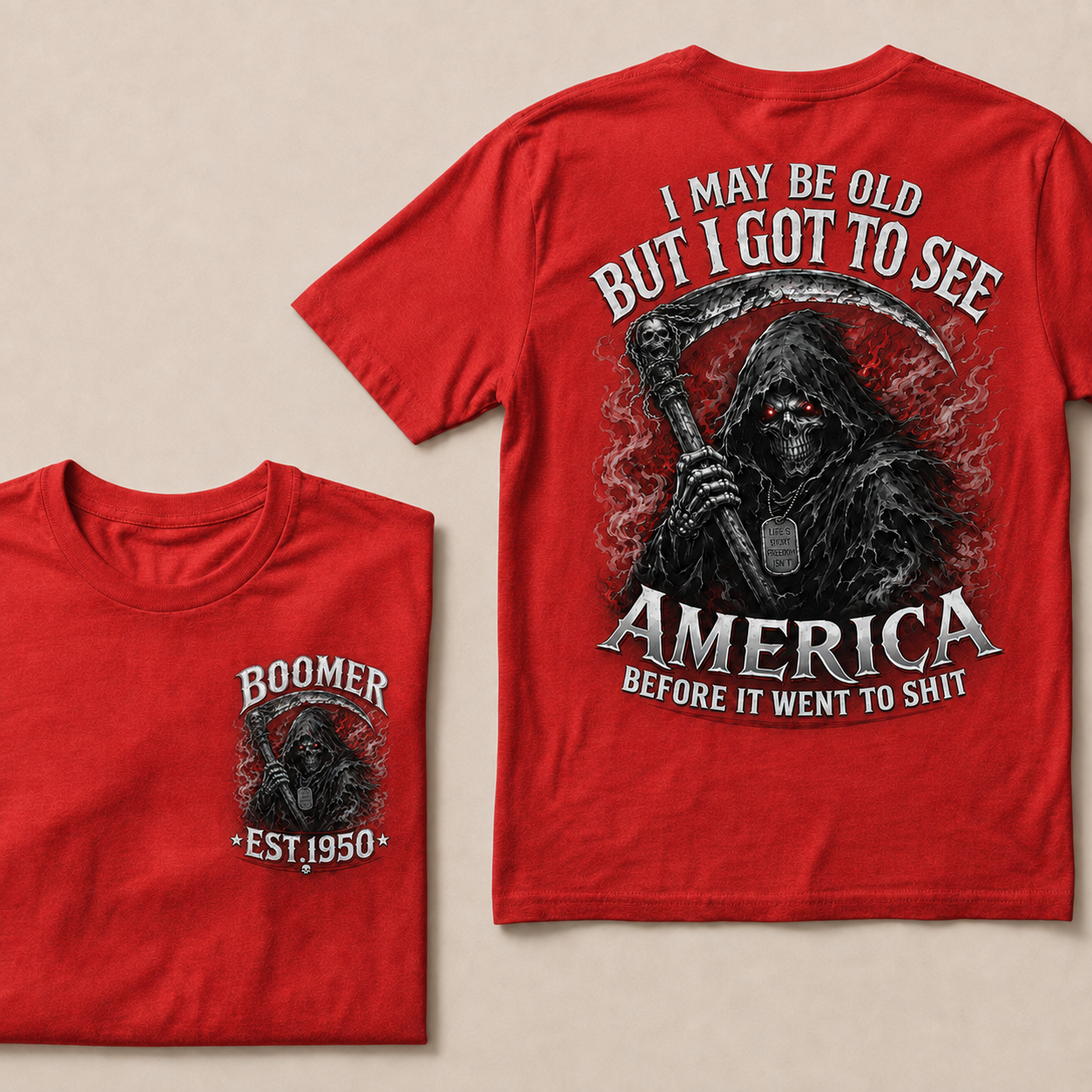 Men’s Boomer Grim Reaper Crew Neck T‑Shirt, I May Be Old I Got To See America Graphic Short Sleeve Tee, Front & Back Print Casual Top