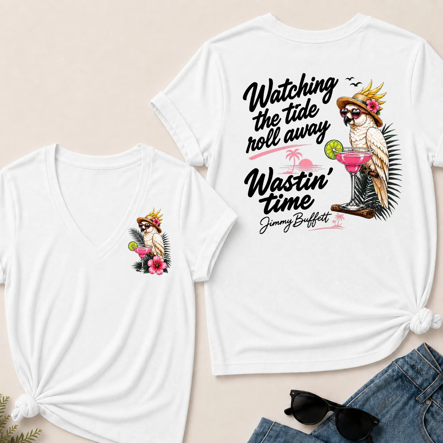 Watching The Tide Roll Away Wastin' Time Jimmy Buffett V‑Neck T‑Shirt